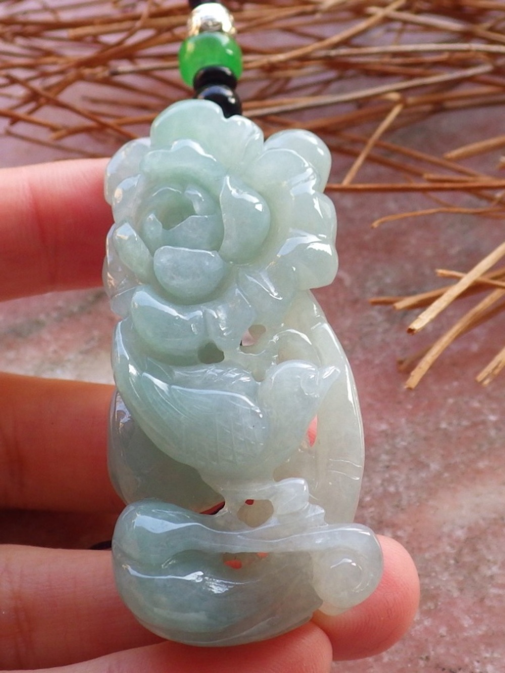 Certified Natural Burma A Jade jadeite Phoenix Bird Flower Pendant Necklace